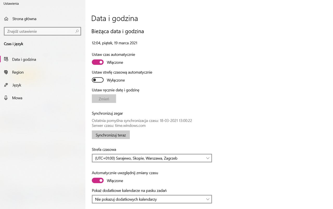 Ustawienia czasu i stref w Windows 10, fot. Oskar Ziomek.