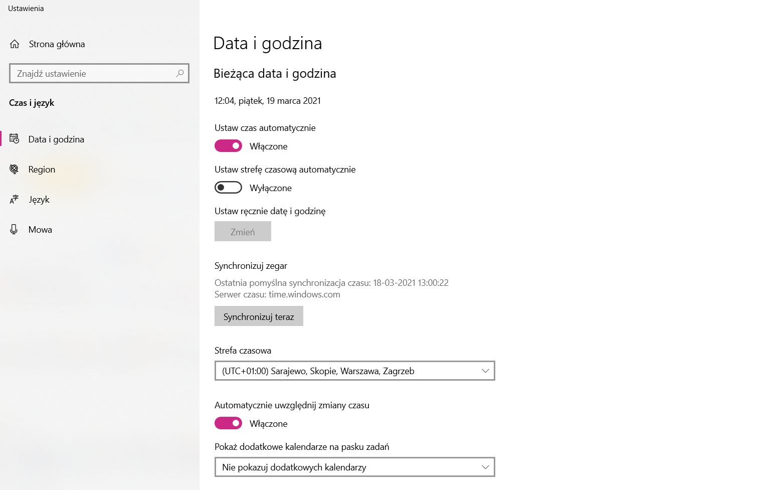 Ustawienia czasu i stref w Windows 10, fot. Oskar Ziomek.