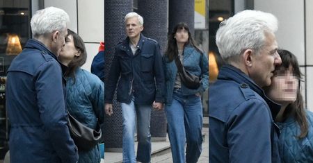 58-letni Hubert Urbański MIGDALI SIĘ ze znacznie od siebie młodszą ukochaną przed salonem meblowym (ZDJĘCIA)