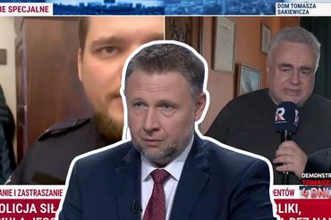 Marcin Kierwiński (fot. TVN24) i policja u Tomasza Sakiewicza
