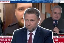 Marcin Kierwiński (fot. TVN24) i policja u Tomasza Sakiewicza