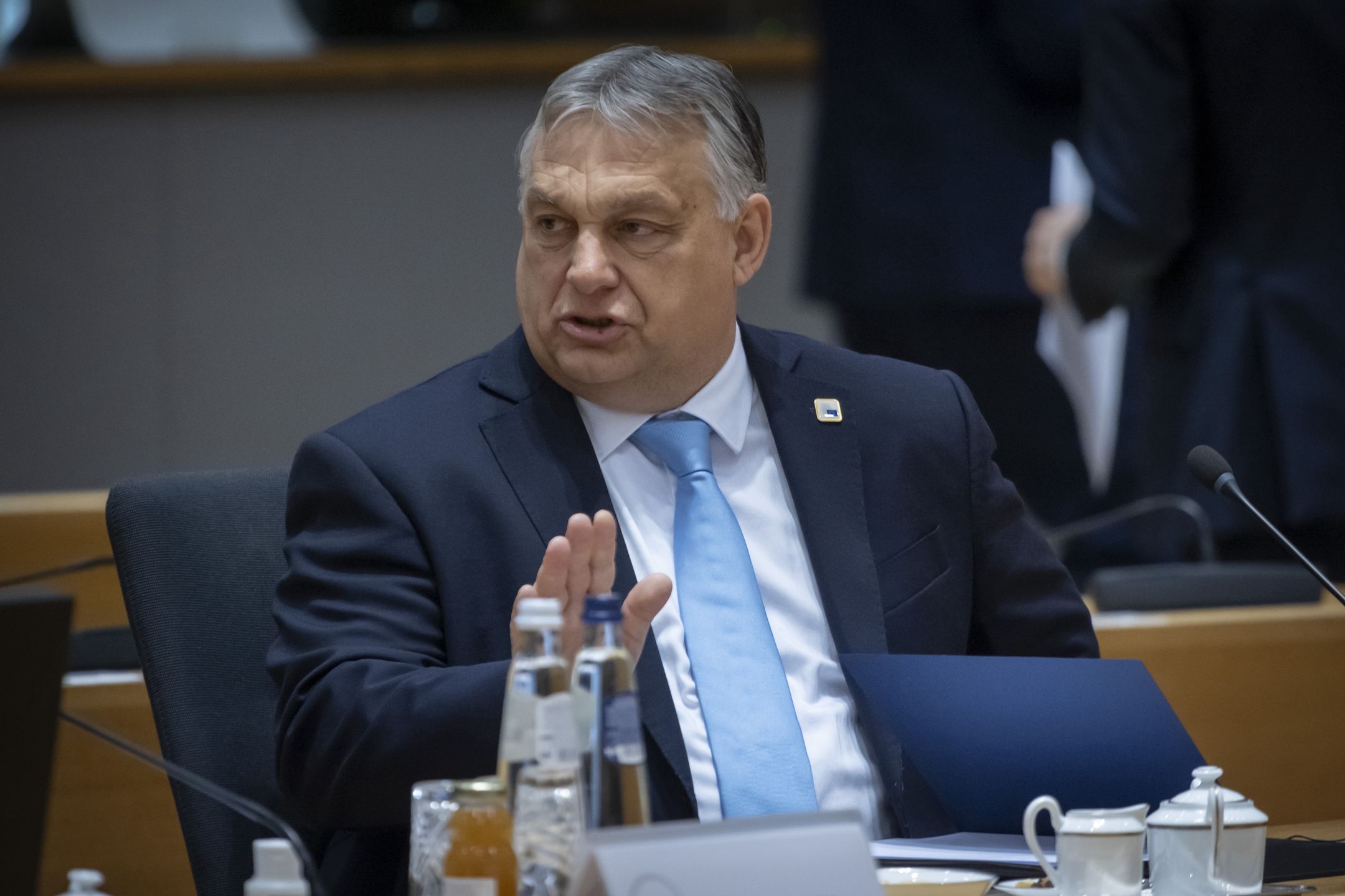 Prime Minister of Hungary Viktor Orban before the round table session on the second of the European Council summit at the EU headquarters. Leaders discussed during the meeting Russia's aggression against Ukraine and the Middle East conflict situation while they focused also on security and defense, emphasizing in Europe's need to enhance overall readiness. The bloc discussions span military support for Ukraine, external relations, migration, agriculture, regional conflicts, EU enlargement process. The day marked the celebration for the 30th anniversary of the EEA European Economic Area of the 30 countries participating. EUCO in Brussels, Belgium on March 22, 2024 (Photo by Nicolas Economou/NurPhoto via Getty Images)