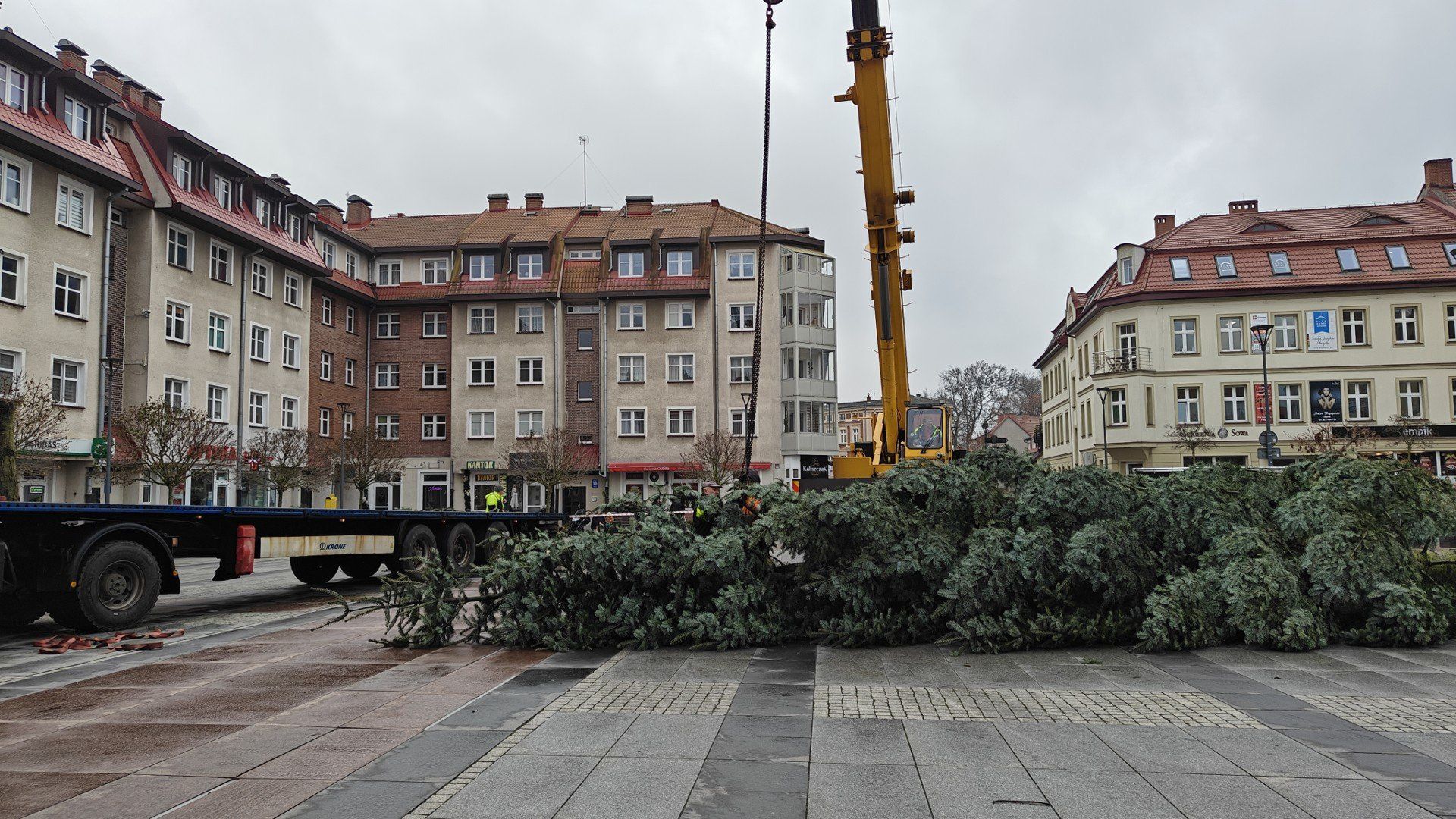 Montaż choinki na Placu Wolności w Szczecinku