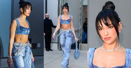 Dua Lipa odsłania umięśniony brzuch w jeansowym total looku Diesla po wizycie w talk show Jimmy'ego Fallona (ZDJĘCIA)