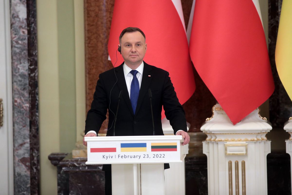 KYIV, UKRAINE - FEBRUARY 23, 2022 - President of the Republic of Poland Andrzej Duda is pictured during his official meeting with President of Ukraine Volodymyr Zelenskyy in Kyiv, capital of Ukraine (Photo credit should read Hennadii Minchenko/ Ukrinform/Future Publishing via Getty Images)