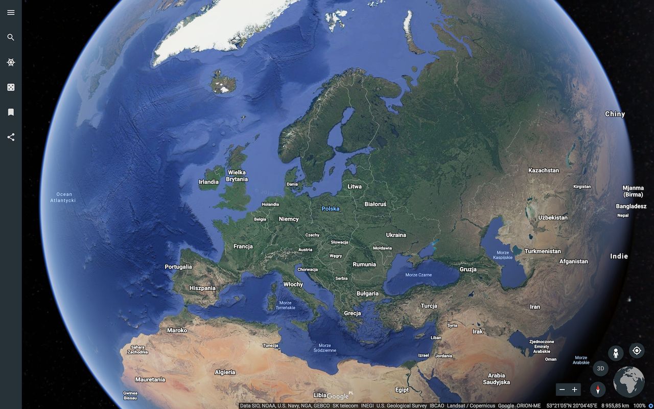 Widok Europy w Google Earth w wersji przeglądarkowej