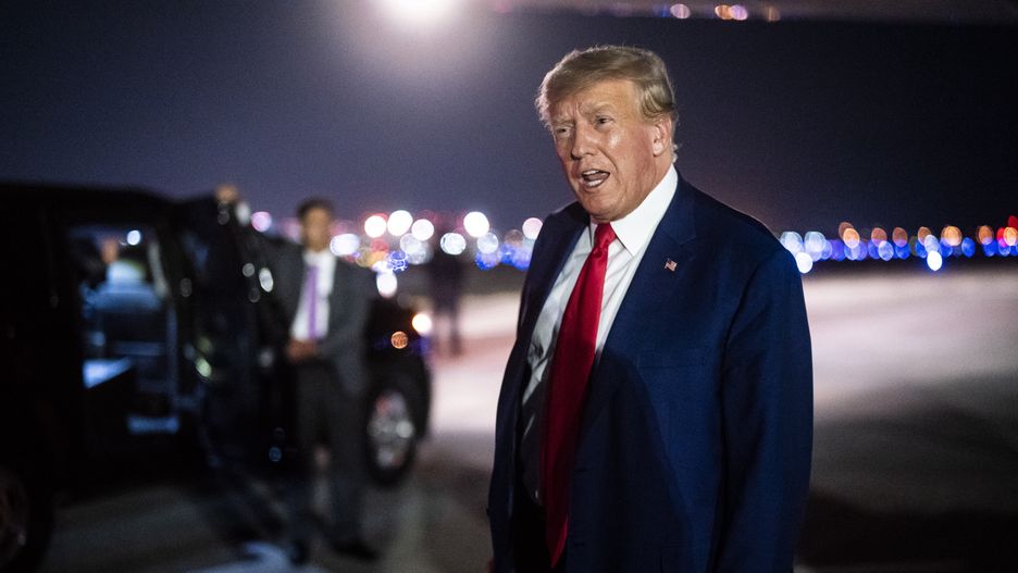 West Palm Beach, FL - March 13 : Former President Donald Trump disembarks his airplane, known as Trump Force One, as he returns from a trip to Iowa at the Palm Beach International Airport on Monday, March 13, 2023, in West Palm Beach, FL. (Photo by Jabin Botsford/The Washington Post via Getty Images)