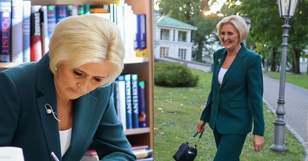 Odziana w zielony garnitur Agata Duda złożyła wizytę w polskiej szkole na Litwie. Modna?