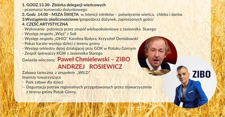 Dożynki Gminy Potok Górny 2021. Na scenie wystąpią Zibo i Andrzej Rosiewicz