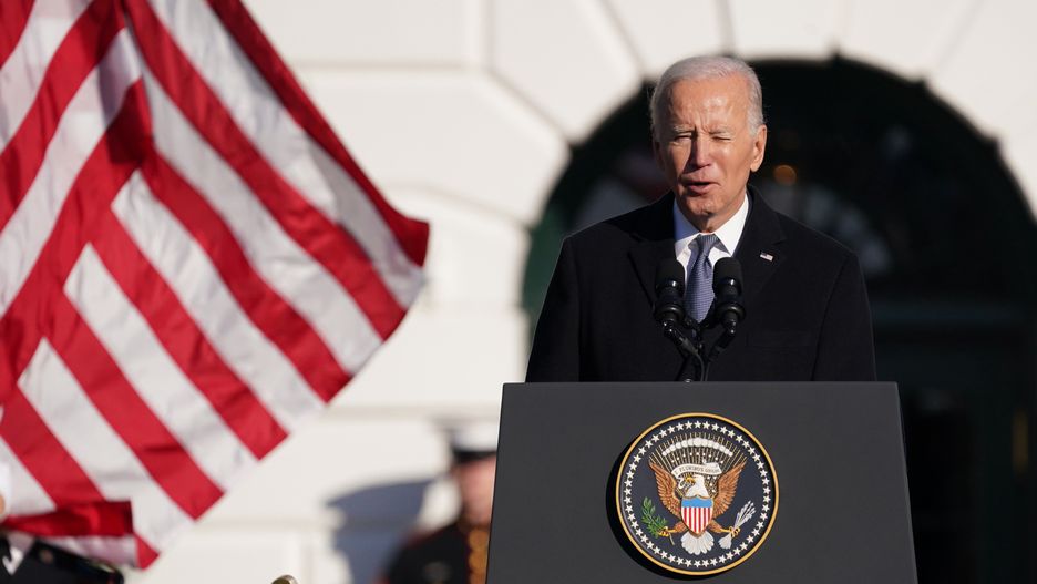 WASHINGTON, DC - DECEMBER 01: US President Joe Biden speaks as he welcomes French President Emmanuel Macron to the White House for an official state visit arrival ceremony on December 01, 2022 in Washington, DC. President Biden is welcoming Macron for the first official state visit of the Biden administration. (Photo by Nathan Howard/Getty Images)