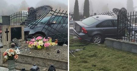 Volvo przebiło ogrodzenie cmentarza. Auto wpadło na nagrobki