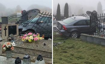 Volvo przebiło ogrodzenie cmentarza. Auto wpadło na nagrobki