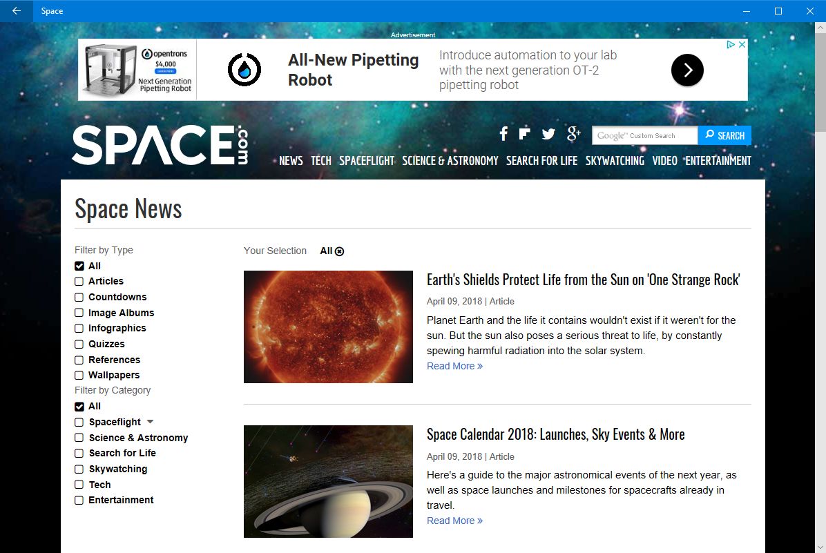 Space.com, aplikacja progresywna.