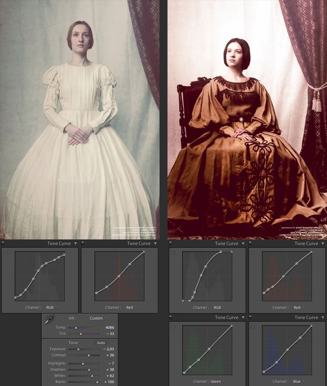 Rok 1859 - Krynolina. Poniżej zdjęcia pokazano ustawienia krzywych tonalnych i innych parametrów zdjęcia w programie Lightroom.