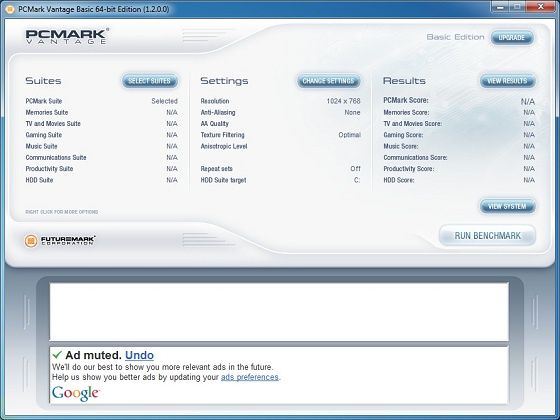 Futuremark PCMark Vantage benchmark aplikacja zrzut ekranu