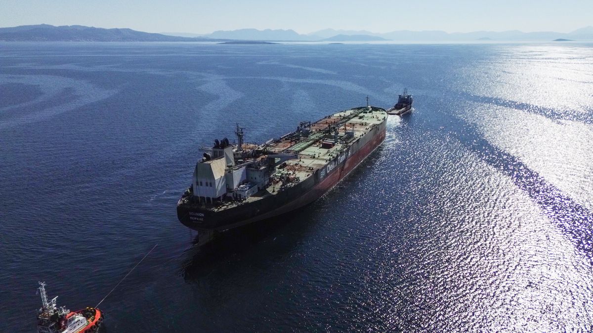 An aerial view of the Greek-flagged oil tanker 'Sounion' draws worldwide attention in August 2024 after it is heavily damaged by Houthis in multiple attacks off Yemen at Piraeus anchorage in Piraeus, Greece, on March 21, 2025. (Photo by Nicolas Koutsokostas/NurPhoto via Getty Images)