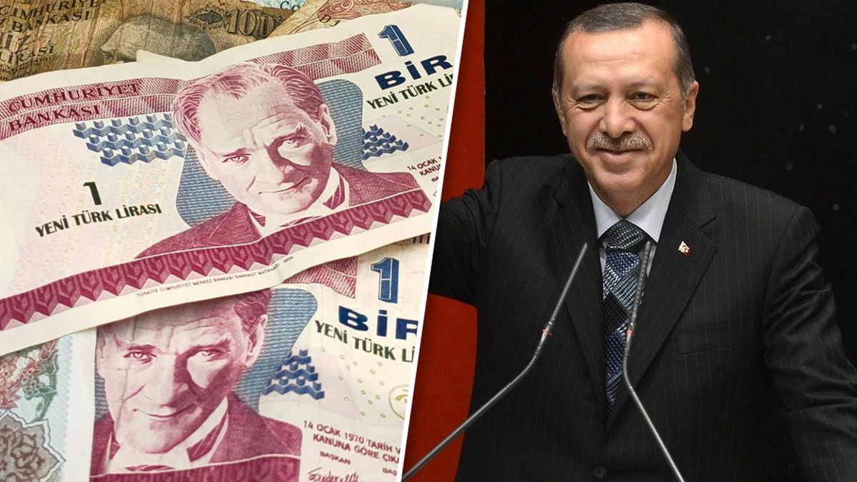 Kryzys w Turcji uderza w lirę. Na zdjęciu turecka waluta i prezydent Recep Tayyip Erdogan
