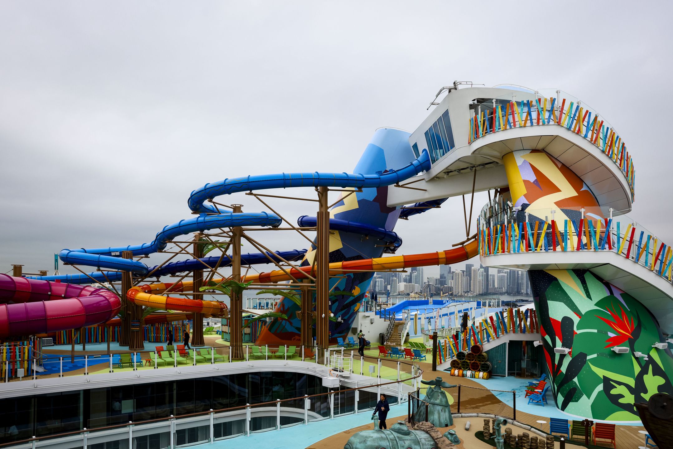 Water slides at the Thrill Island waterpark onboard the Royal Caribbean Icon of the Seas cruise ship at PortMiami in Miami, Florida, US, on Thursday, Jan. 11, 2024. The Icon of the Seas, the largest cruise ship in the world, sets sail for its maiden voyage on January 27th. Photographer: Eva Marie Uzcategui/Bloomberg via Getty Images