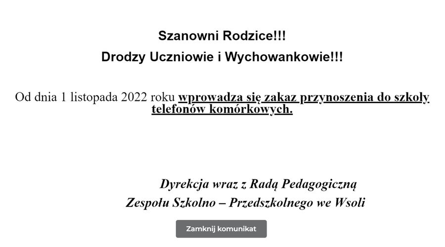 Zespół Szkolno-Przedszkolny we Wsoli zakazał uczniom przynoszenia telefonów