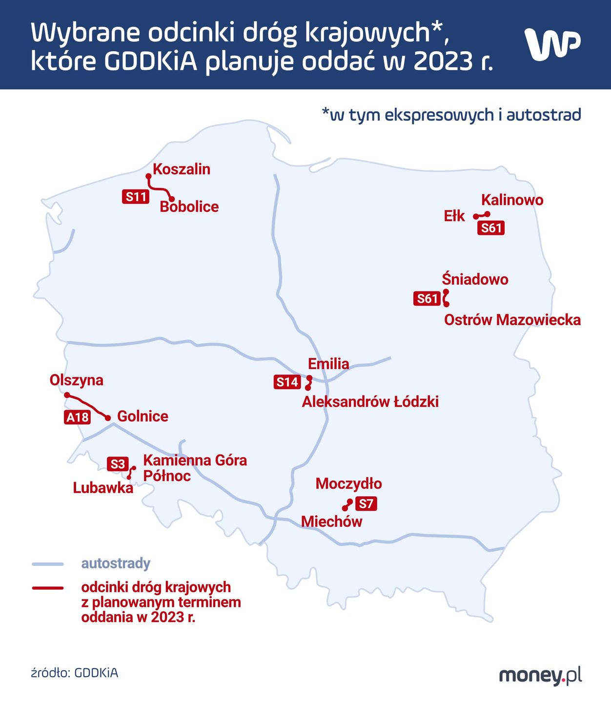 Odcinki dróg krajowych (w tym ekspresowych i autostrad), które GDDKiA planuje udostępnić w tym roku