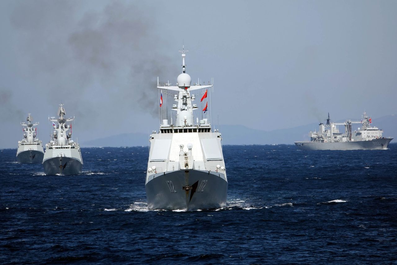 Chinese navy ships during joint exercises with Russia in 2021