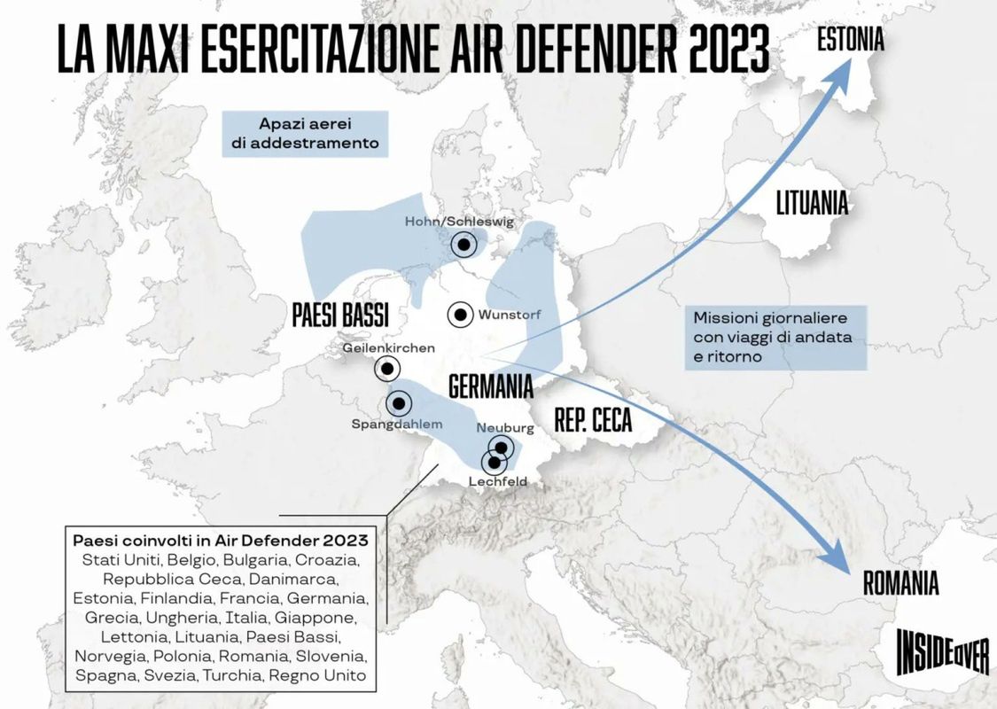 Główny obszar ćwiczeń Air Defender 2023 i kierunki misji wypadowych.