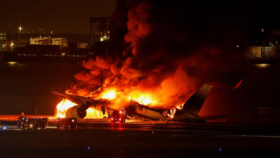 Japan Airlines' A350 airplane on fire at Haneda international airport in Tokyo
Japan Airlines' A350 airplane is on fire at Haneda international airport in Tokyo, Japan January 2, 2024.,Image: 833695635, License: Rights-managed, Restrictions: , Model Release: no, Credit line: ISSEI KATO / Reuters / Forum
ISSEI KATO / Reuters / Forum
disaster, and, accident