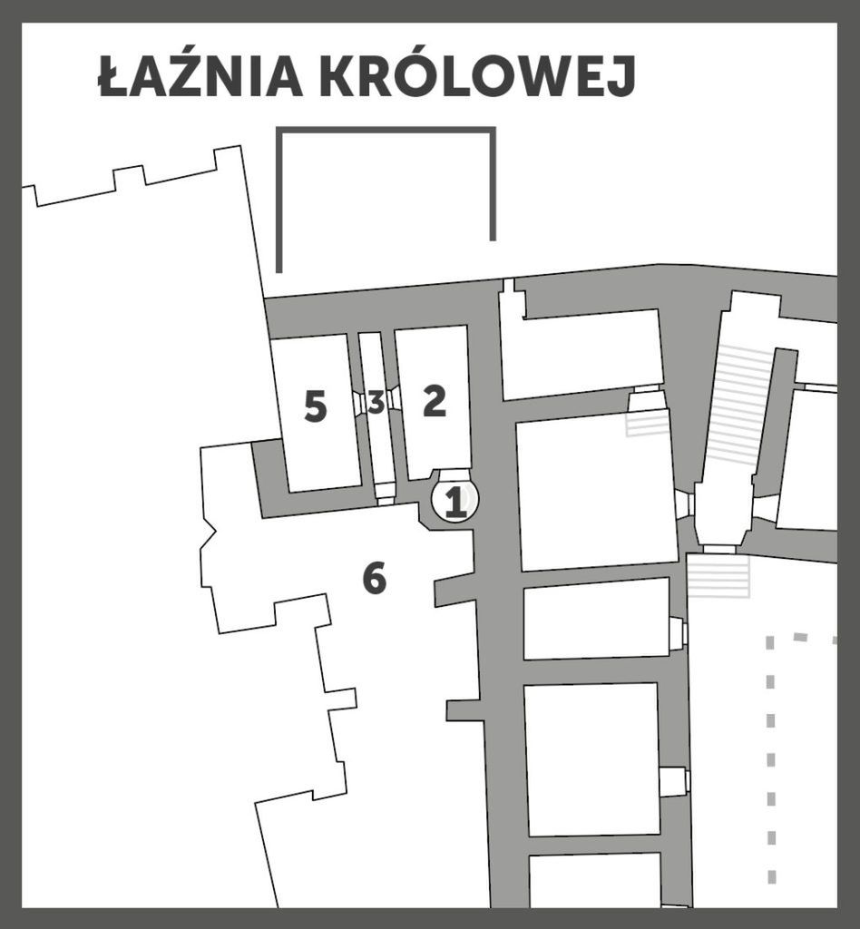 Łaźnia królowej na Wawelu. Fragment planu parteru renesansowej rezydencji zamieszczonego w książce Kamila Janickiego pt. "Wawel. Biografia". 1 – schody prowadzące do pokojów fraucymeru i apartamentu królowej; 2 – szatnia; 3 – sień z wyjściem na dziedzińczyk; 5 – pokój kąpielowy z wannami; 6 – dziedzińczyk, dzisiaj nazywany dziedzińcem Batorego