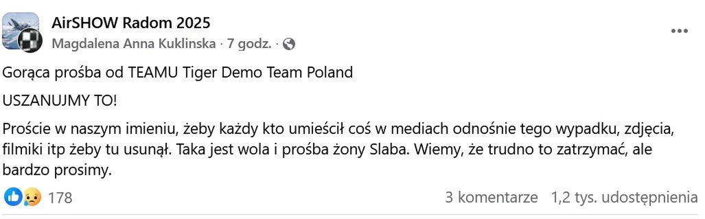 Wpis z apelem o uszanowanie prywatności dla rodziny zmarłego pil