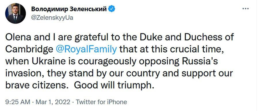 Wołodymyr Zełenski dziękuje Kate i Williamowi 