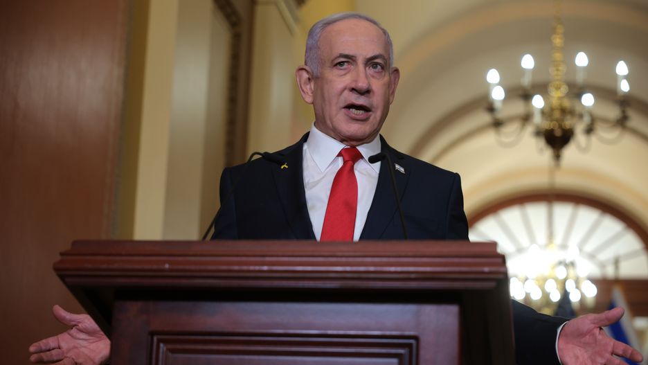 WASHINGTON, DC - FEBRUARY 07: Israeli Prime Minister Benjamin Netanyahu delivers remarks following a meeting with U.S. Speaker of the House Mike Johnson (R-LA) at the U.S. Capitol on February 07, 2025 in Washington, DC. Netanyahu is in Washington for talks with Republican Congressional leaders after visiting the White House for meetings with President Donald Trump, who proposed that the United States take an ownership position of Gaza, transferring millions of Palestinians out as the area is rebuilt and developed. (Photo by Kayla Bartkowski/Getty Images)