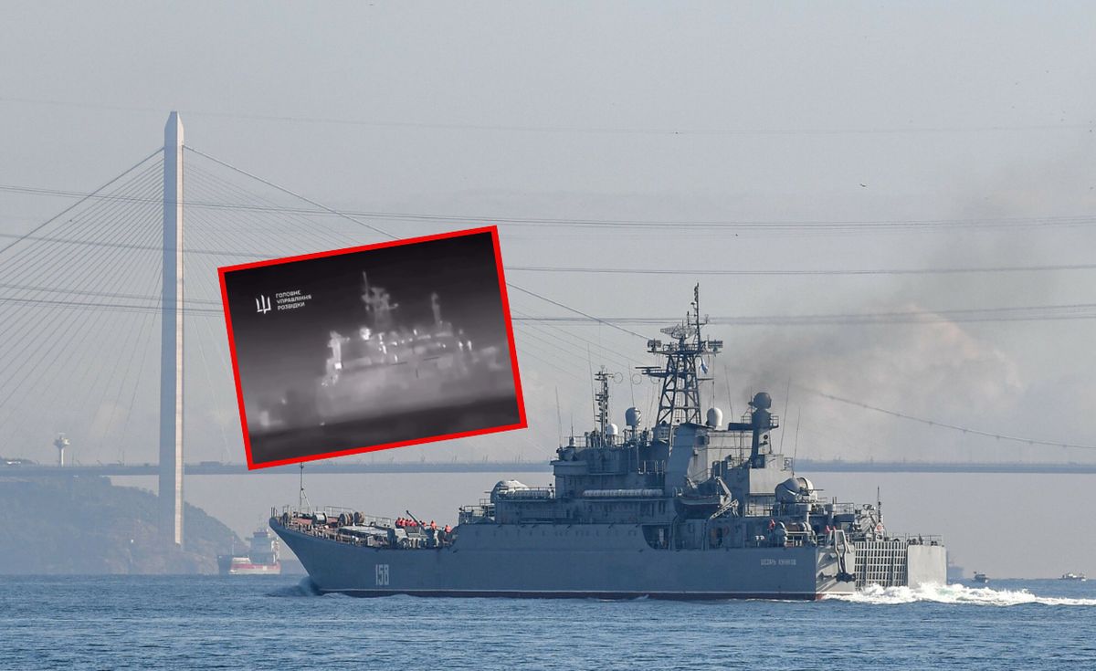 Moment zniszczenia na Morzu Czarnym rosyjskiego okrętu desantowego Cezar Kunikow