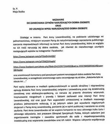 Maja Staśko pokazała pismo od prawników Lewandowskiej