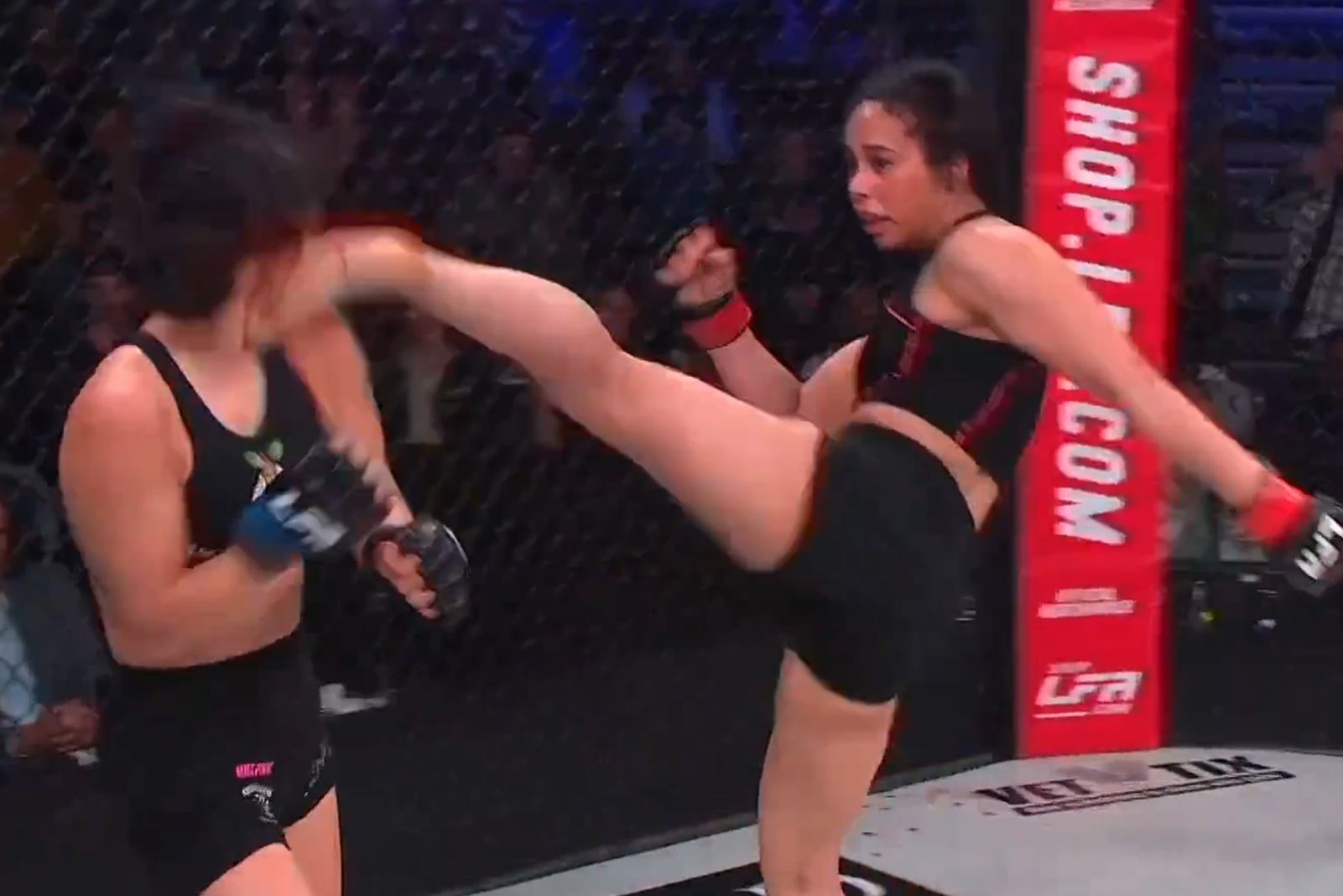 Brutal knockout in a women's fight.  She fell helplessly on the boards