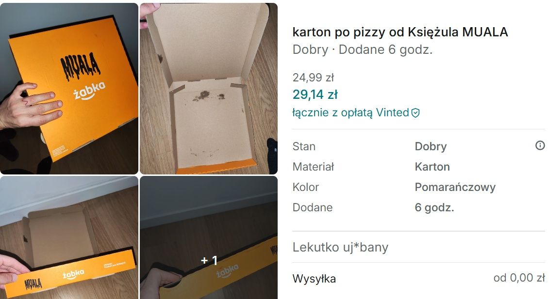 Oferta sprzedaży kartonu po "Muala Pizzy"