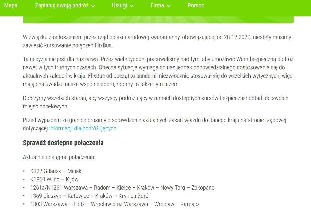 Komunikat na stronie przewoźnika Flix Bus