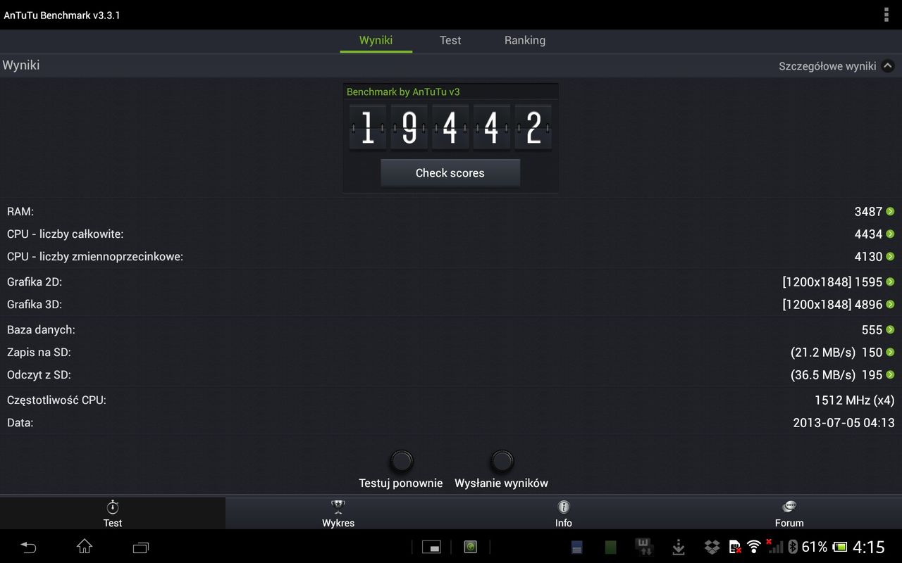 Sony Xperia Tablet Z w benchmarku AnTuTu