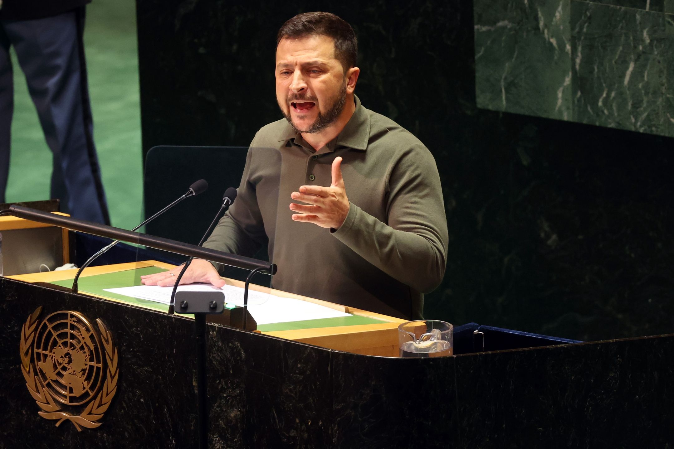 World Leaders Gather In New York For The United Nations General Assembly
NEW YORK, NEW YORK - SEPTEMBER 19: President of Ukraine Volodymyr Zelensky addresses world leaders during the United Nations (UN) General Assembly on September 19, 2023 in New York City. Dignitaries and their delegations from across the globe have descended on New York for the annual event. This year marks the 78th session of the General Debate at the UN Headquarters and will focus on the crisis of global warming. (Photo by Spencer Platt/Getty Images)
Spencer Platt
diplomat, world