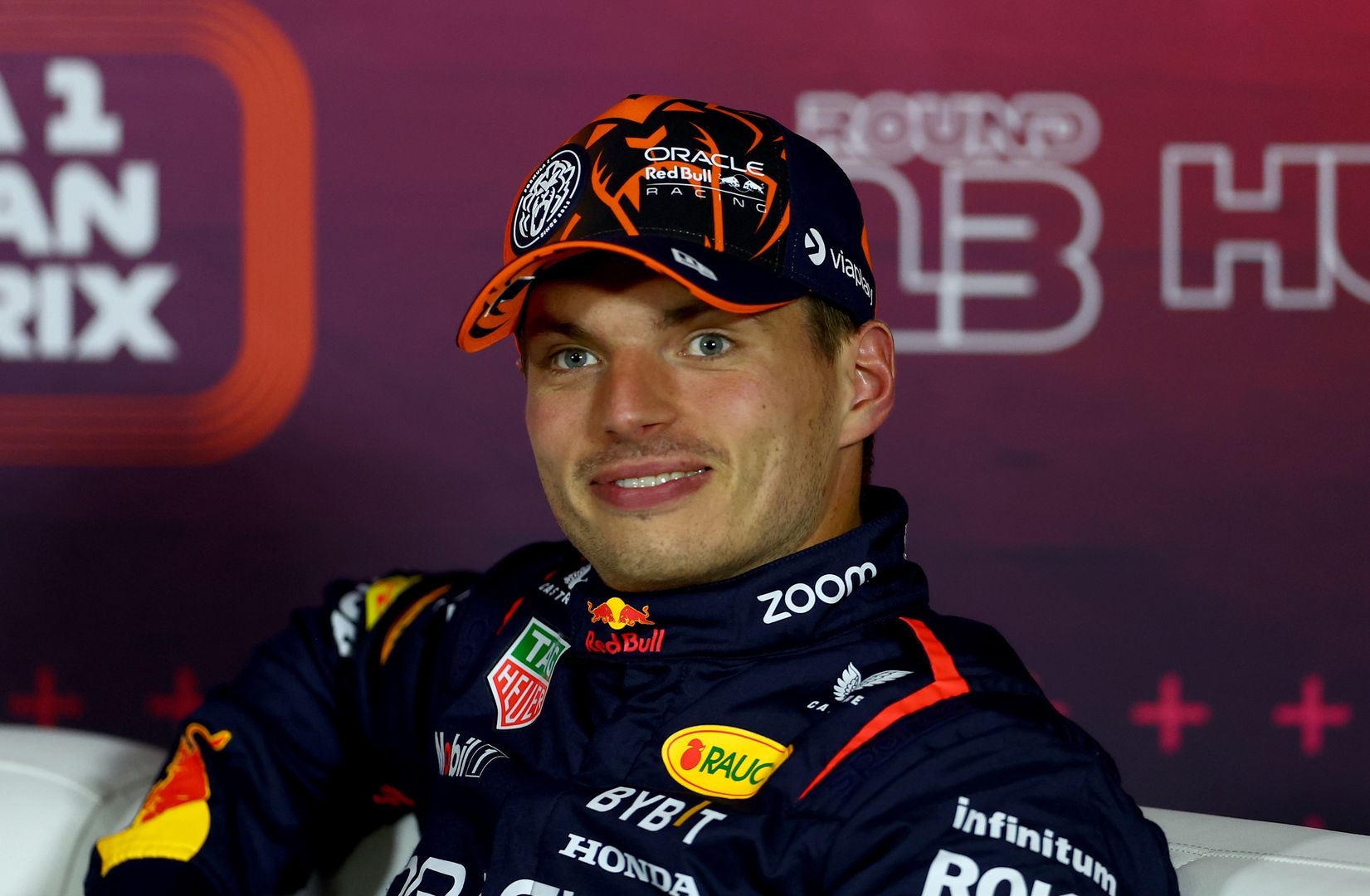 BUDAPEST, HUNGARY - JULY 20: Third placed qualifier Max Verstappen of the Netherlands and Oracle Red Bull Racing attends the press conference after qualifying ahead of the F1 Grand Prix of Hungary at Hungaroring on July 20, 2024 in Budapest, Hungary. (Photo by Bryn Lennon/Getty Images)