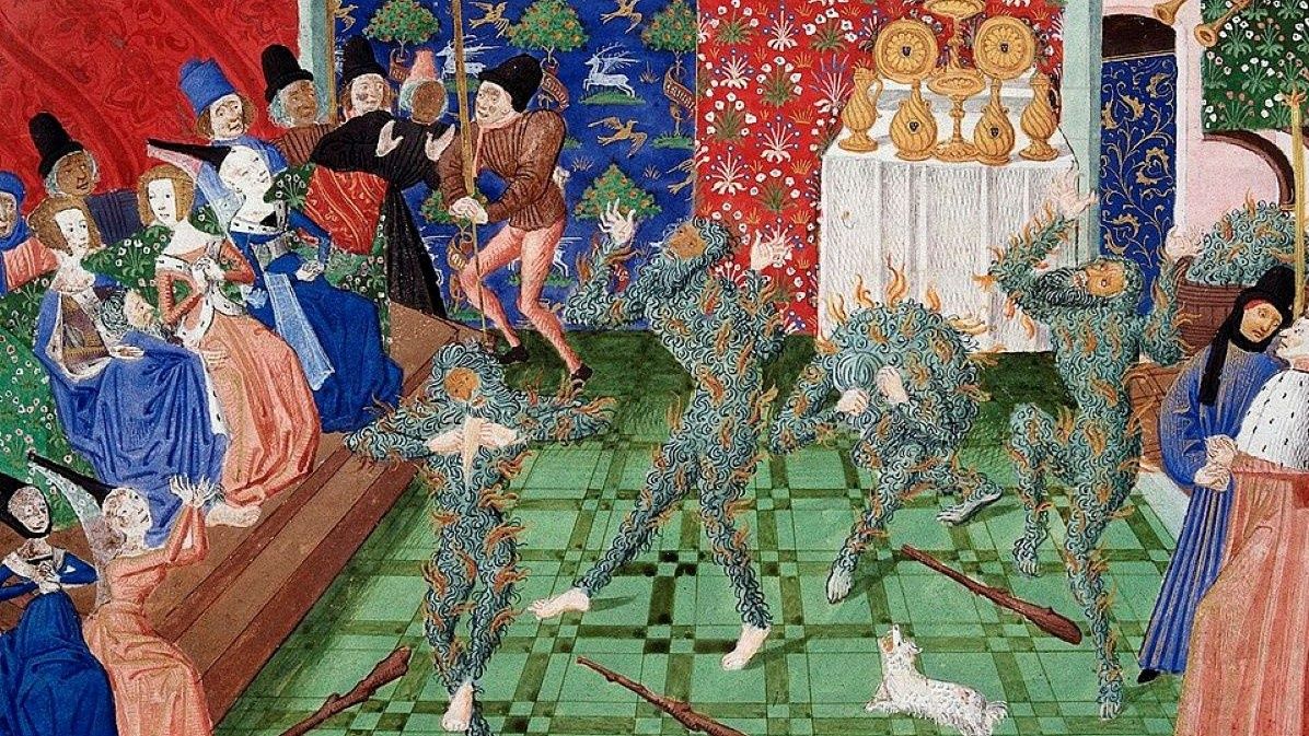 Pożar podczas Bal des Ardents na średniowiecznej miniaturze
