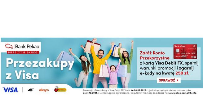 Nowa promocja Pekao: kody promocyjne do Biedronki, Allegro i 4F za założenie Konta Przekorzystnego z kartą wielowalutową Visa