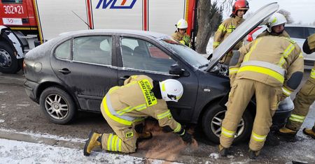 W aucie pojawił się ogień, interweniowały dwa zastępy straży pożarnej