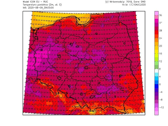 Mapa pokazująca temperaturę na terenie Polski