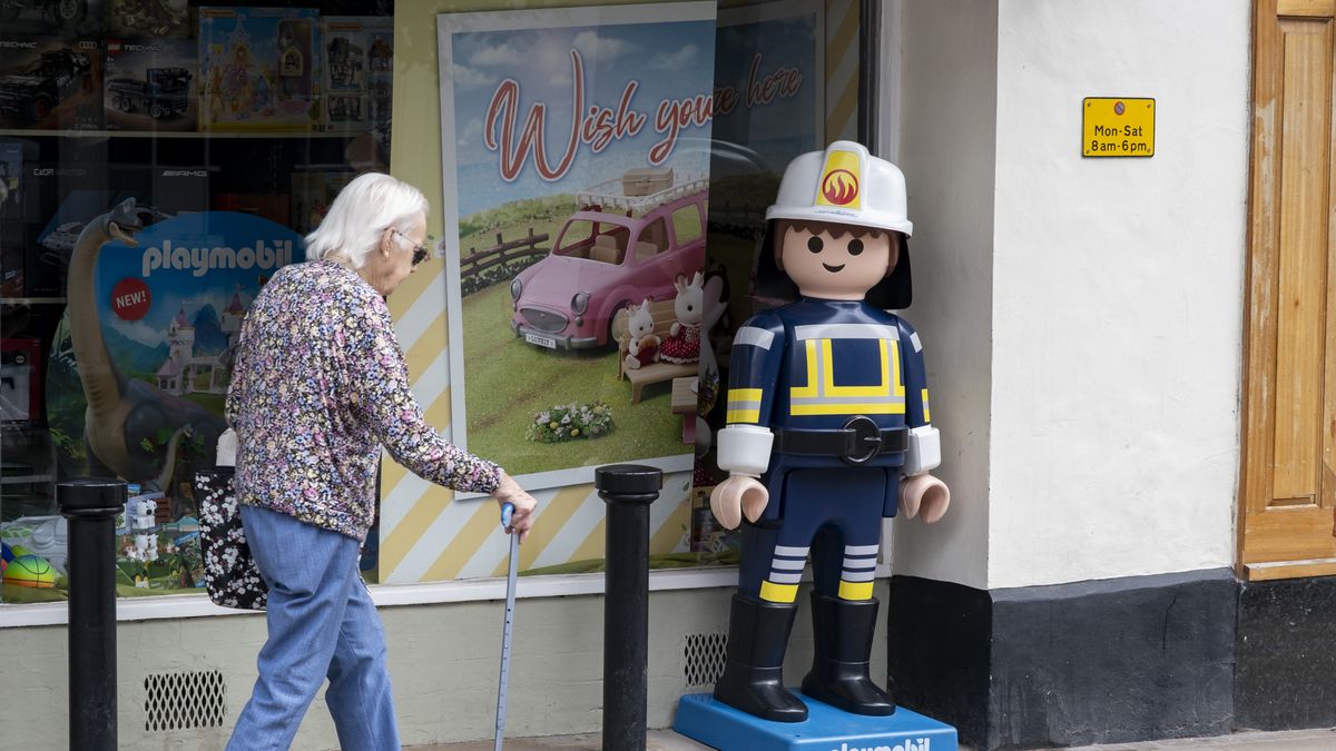 High street toy shop exterior with an oversize Playmobil people fireman figure on 24th July 2025 in Leominster, United Kingdom. (photo by Mike Kemp/In Pictures via Getty Images)