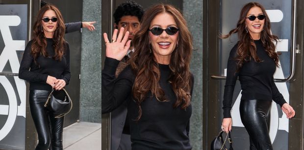 Catherine Zeta-Jones i jej nogi do nieba w skórzanych spodniach wyłaniają się ze studia. Petarda? (ZDJĘCIA)