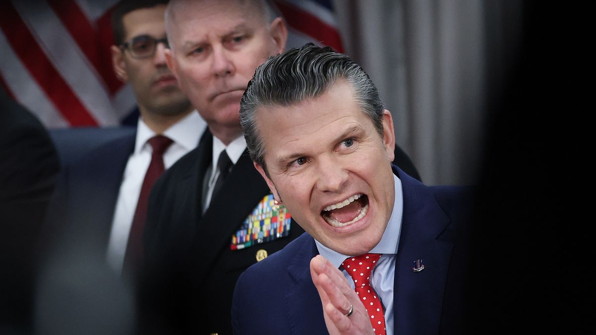 ARLINGTON, VIRGINIA - MARCH 06: U.S. Secretary of Defense Pete Hegseth answers a reporter's question while meeting with UK Defense Secretary John Healey at the Pentagon with members of their respective teams on March 6, 2025 in Arlington, Virginia. Healey is meeting with Hegseth to discuss a possible peace plan for Ukraine. (Photo by Win McNamee/Getty Images)