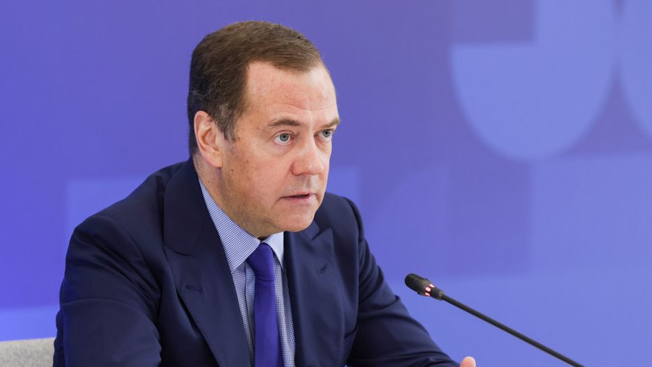MOSCOW REGION, RUSSIA - MAY 13, 2022: Dmitry Medvedev, Chairman of the United Russia Party, Deputy Chairman of the Russian Security Council, attends a meeting of the Skolkovo Foundation Board of Trustees. Yekaterina Shtukina/POOL/TASS