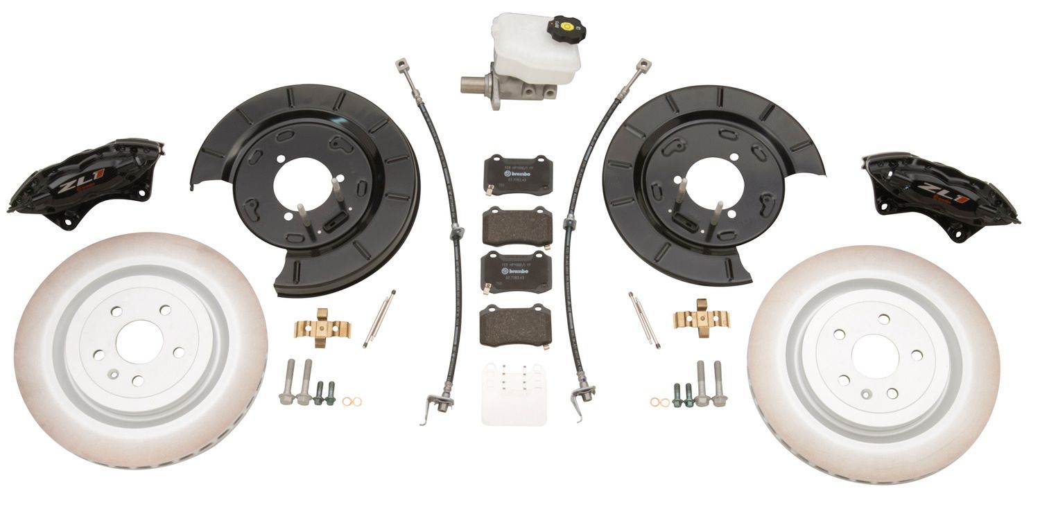 The ZL1 Brake Conversion Kit for rear brakes upgrades a 2010-and-later Camaro V-6 to the system used on the on the supercharged Camaro ZL1, including the racing-style two piece, 14.6 front rotors with six-piston Brembo front calipers, 14.4 inch rear rotors with 4-piston Brembo rear calipers with a V-8-specific master cylinder.