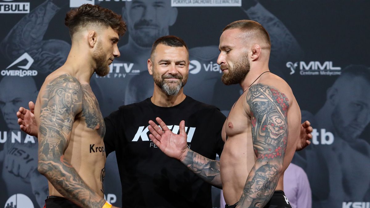 Ion Surdu (MDA),Martin Lewandowski,Krystian Bielski (POL) during the KSW 73 Official Weigh-In in Warsaw, poland, on August19, 2022. (Photo by Foto Olimpik/NurPhoto via Getty Images)
