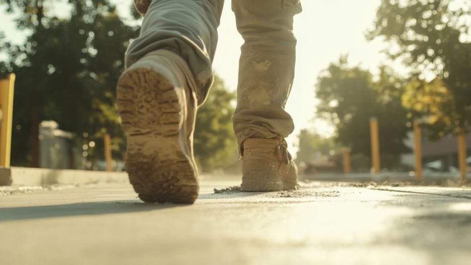 concrete, worker, smoothing, out, freshly, poured, sidewalk, attention, detail, craftsmanship, finishing, construction, content, tools, pavement, visible